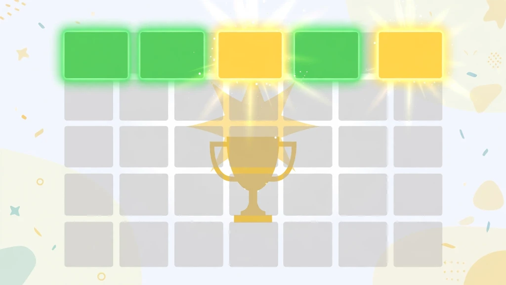 Wordle grid with glowing green and yellow tiles and golden victory trophy for best Wordle starting words guide