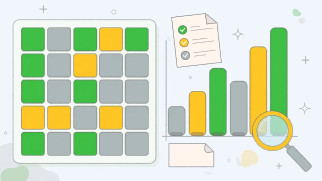 Wordle puzzle grid beside a frequency bar chart and magnifying glass for Wordle cheat sheet guide