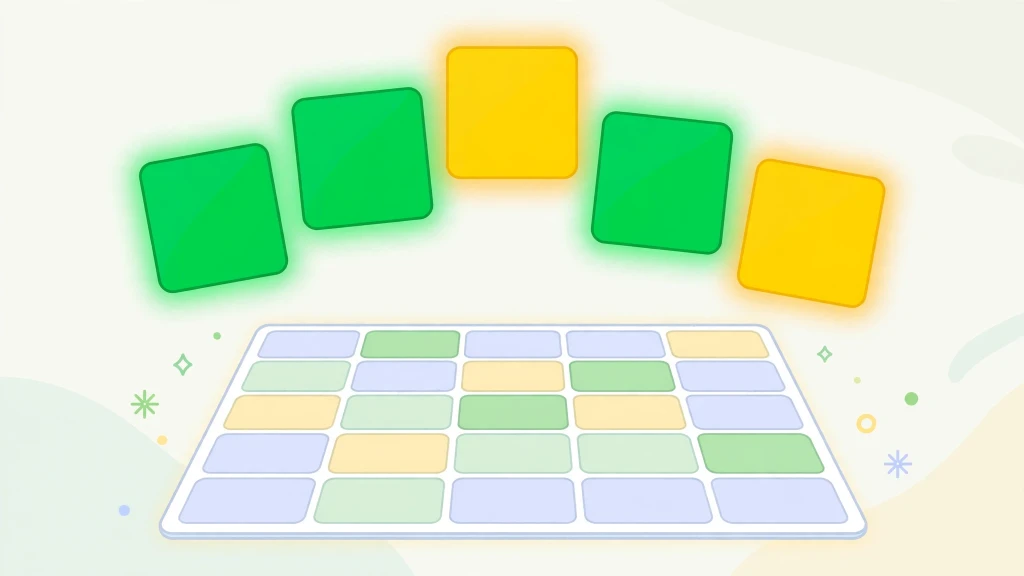 Five colorful Wordle tiles floating in an arch over a puzzle board for Wordle vowels strategy guide